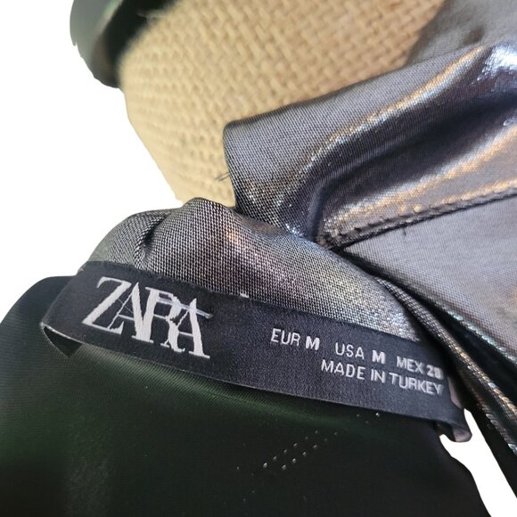 Zara Metallic Silver Long Sleeve Mock Neck Open Back Mini Dress Medium - Picture 7 of 9